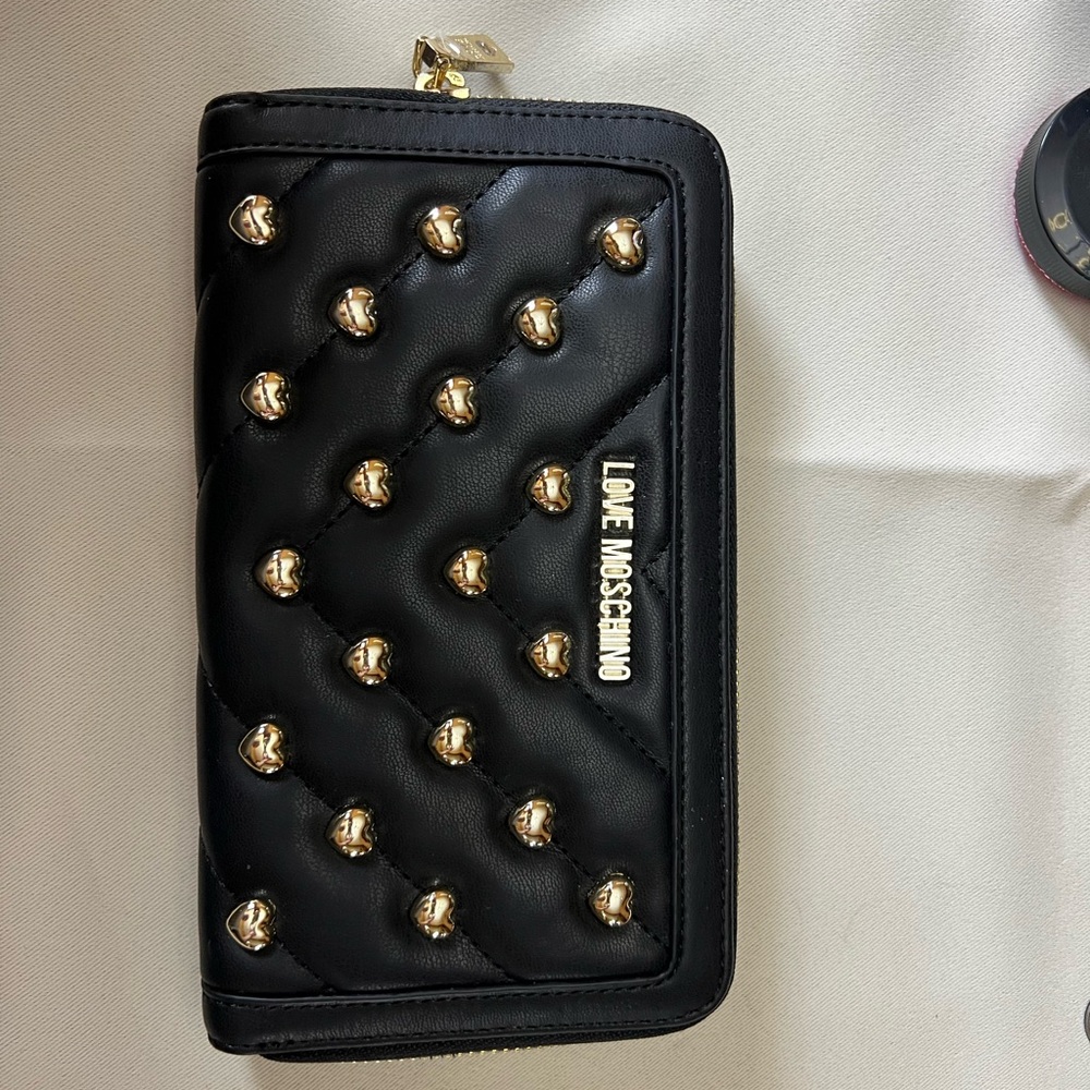 Love Moschino Black Quilted Zip Wallet with Gold Heart Studs
